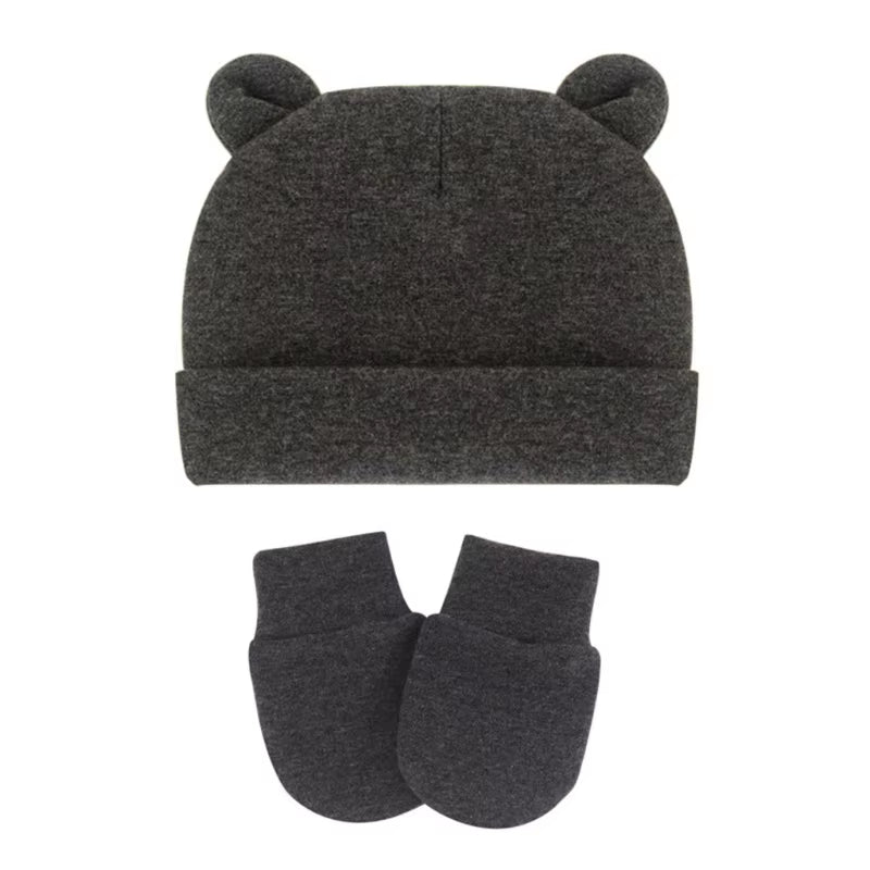 Newborn Baby Cotton Beanies Hospital Hat and Mittens Set Solid Candy Color Stretchy Infant Warm Cap Gloves 0-1 Years Old