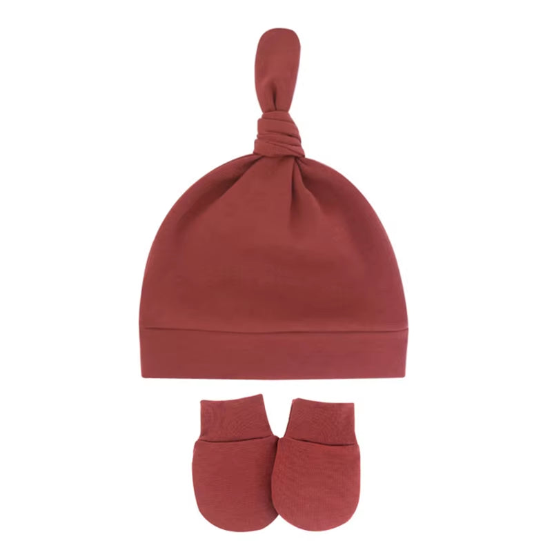 Newborn Baby Cotton Beanies Hospital Hat and Mittens Set Solid Candy Color Stretchy Infant Warm Cap Gloves 0-1 Years Old
