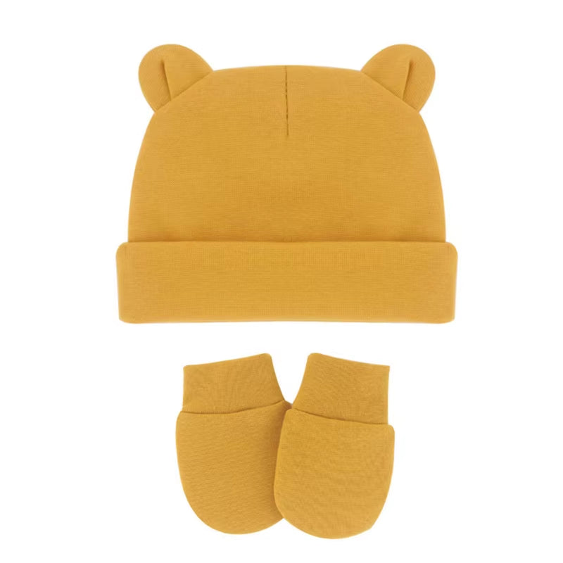 Newborn Baby Cotton Beanies Hospital Hat and Mittens Set Solid Candy Color Stretchy Infant Warm Cap Gloves 0-1 Years Old