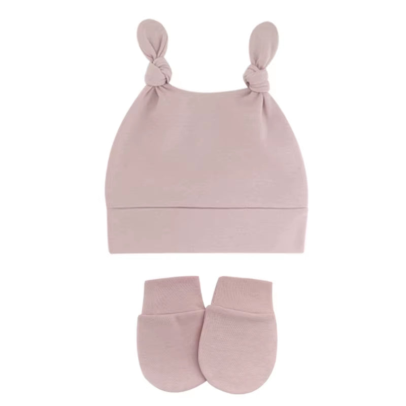 Newborn Baby Cotton Beanies Hospital Hat and Mittens Set Solid Candy Color Stretchy Infant Warm Cap Gloves 0-1 Years Old