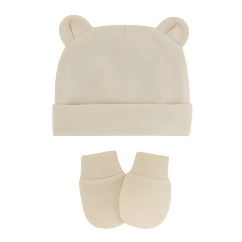 Newborn Baby Cotton Beanies Hospital Hat and Mittens Set Solid Candy Color Stretchy Infant Warm Cap Gloves 0-1 Years Old