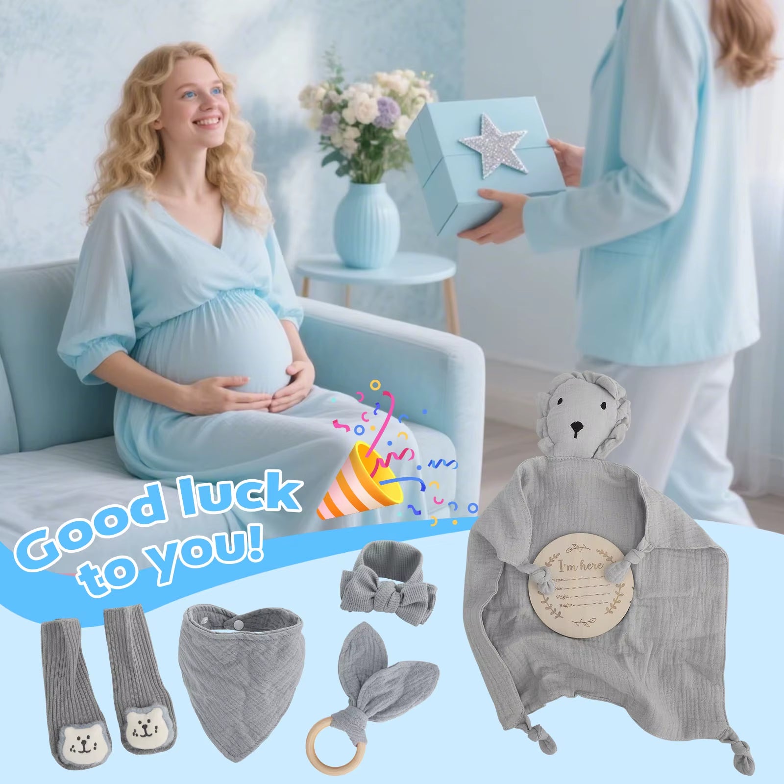6-In-1 Set Muslin Cloth Cartoon Animal Baby Bath Towels Soft Newborn Hooded Towel Wooden Toy, Rattle, Gift Packaging