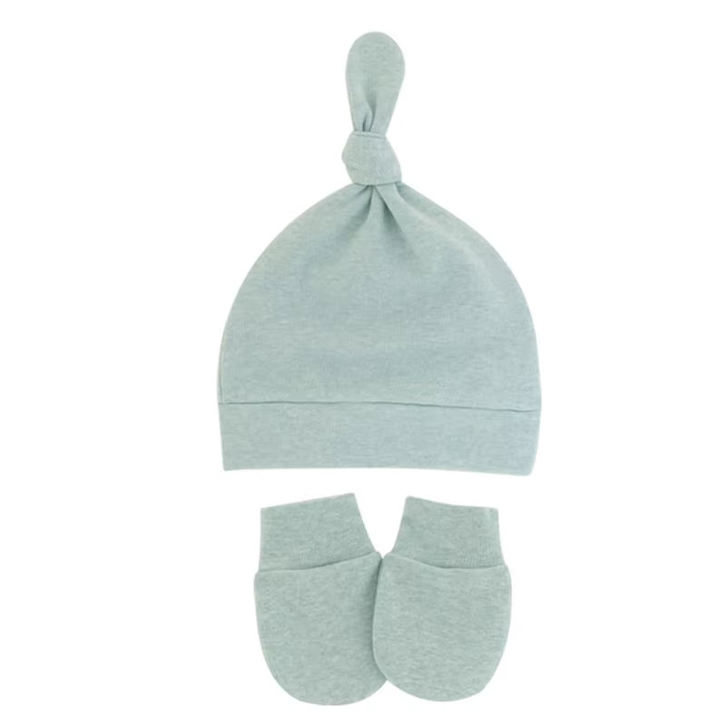 Newborn Baby Cotton Beanies Hospital Hat and Mittens Set Solid Candy Color Stretchy Infant Warm Cap Gloves 0-1 Years Old