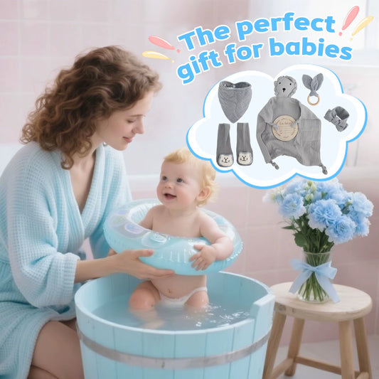 6-In-1 Set Muslin Cloth Cartoon Animal Baby Bath Towels Soft Newborn Hooded Towel Wooden Toy, Rattle, Gift Packaging