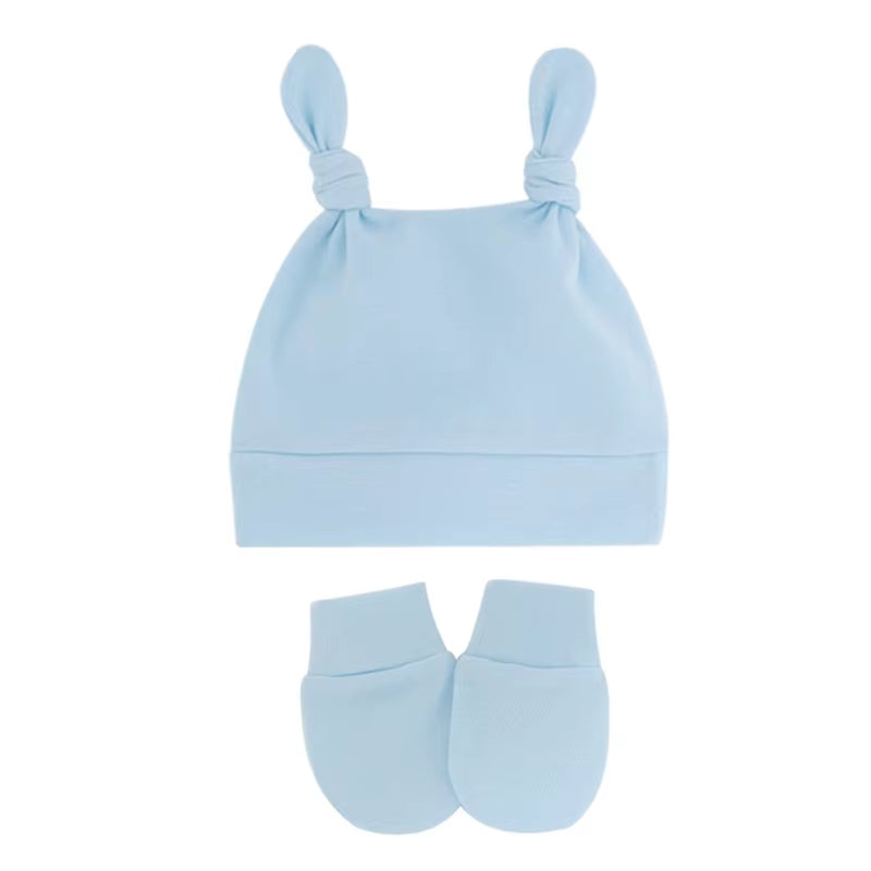 Newborn Baby Cotton Beanies Hospital Hat and Mittens Set Solid Candy Color Stretchy Infant Warm Cap Gloves 0-1 Years Old