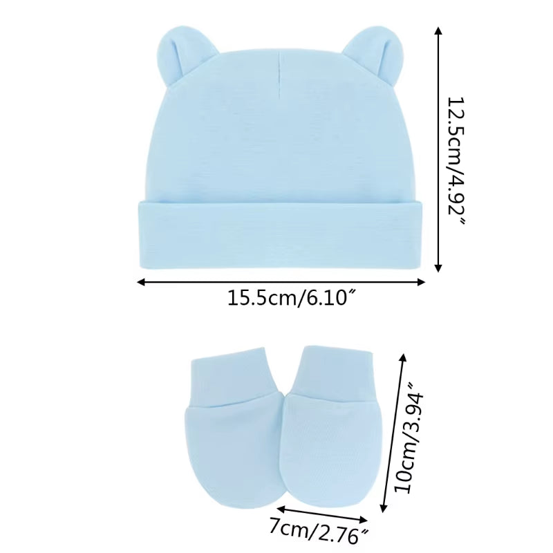 Newborn Baby Cotton Beanies Hospital Hat and Mittens Set Solid Candy Color Stretchy Infant Warm Cap Gloves 0-1 Years Old