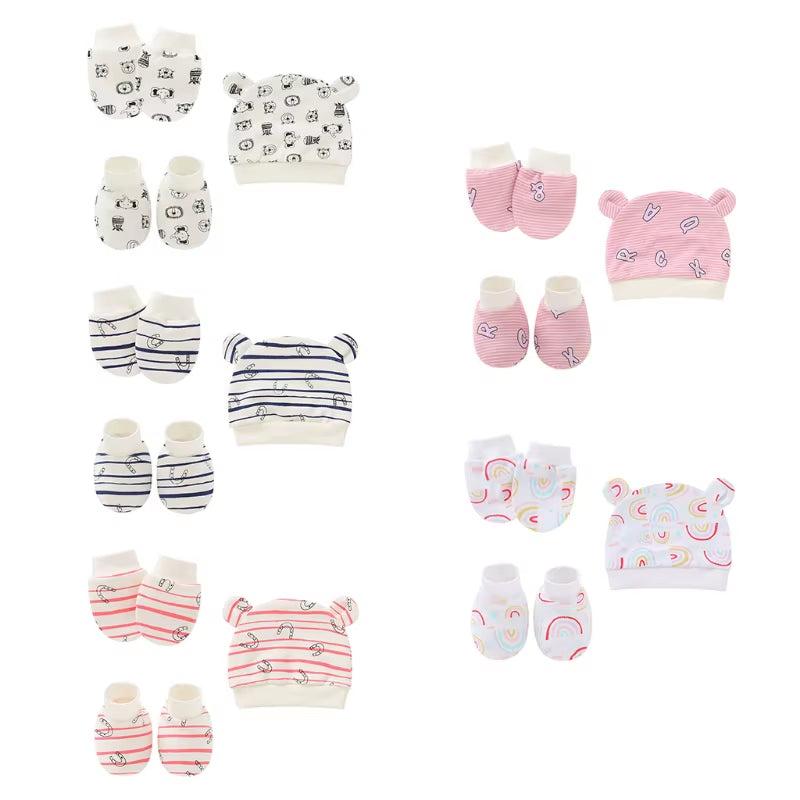Newborn Baby Cotton Beanies Hospital Hat and Mittens Set Solid Candy Color Stretchy Infant Warm Cap Gloves 0-1 Years Old