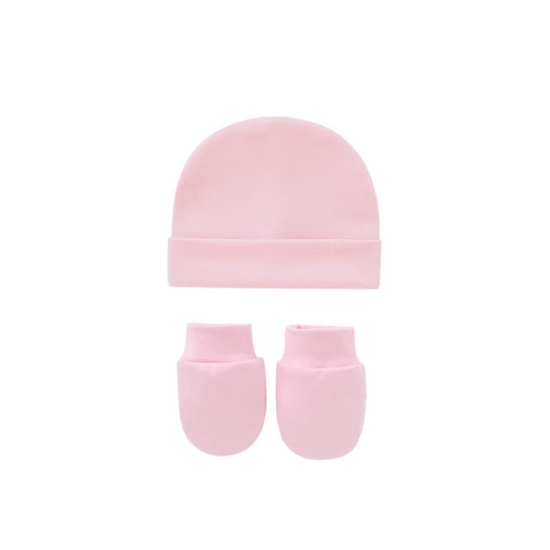 Newborn Baby Cotton Beanies Hospital Hat and Mittens Set Solid Candy Color Stretchy Infant Warm Cap Gloves 0-1 Years Old