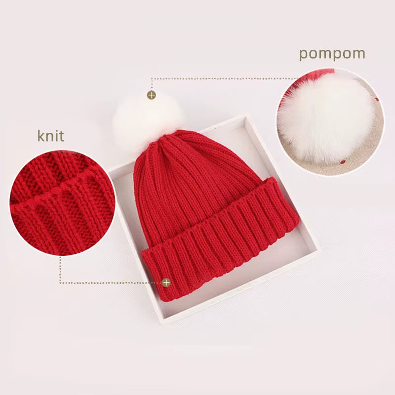 Autumn Winter Warm Baby Beanie Big Pompom Knitted Baby Boy Girl Hat Solid Color Newborn Infant Cute Hairball Cap Baby Bonnet