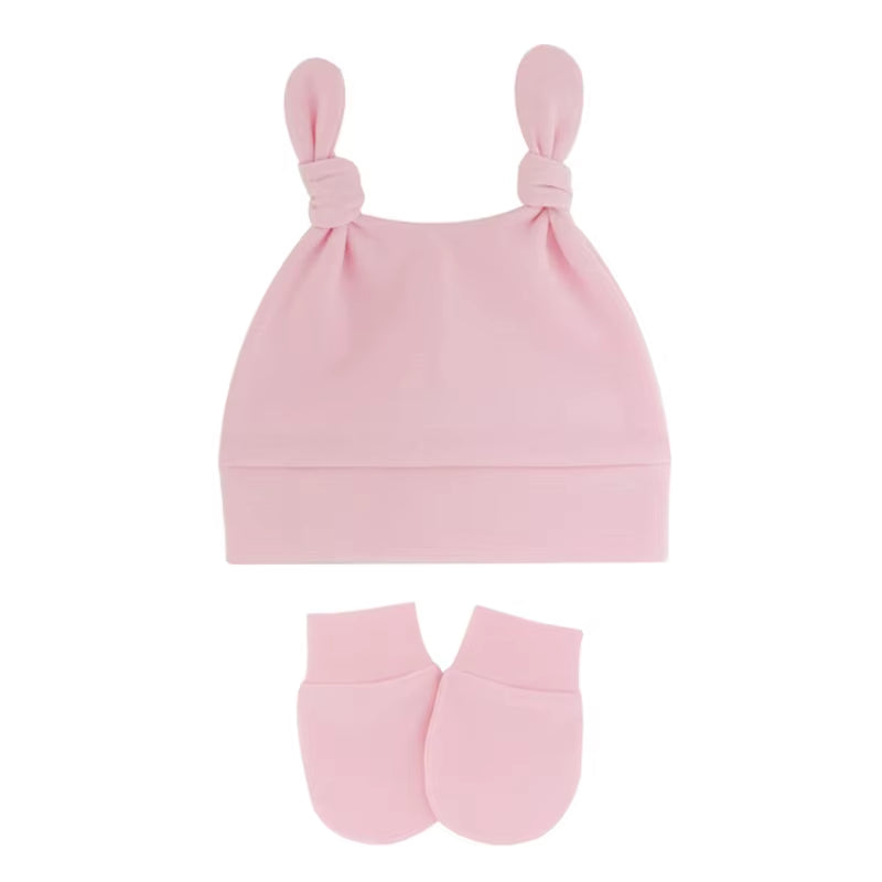 Newborn Baby Cotton Beanies Hospital Hat and Mittens Set Solid Candy Color Stretchy Infant Warm Cap Gloves 0-1 Years Old