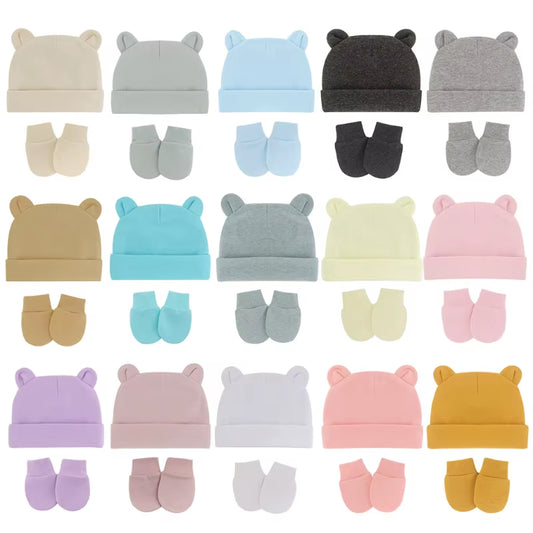 Newborn Baby Cotton Beanies Hospital Hat and Mittens Set Solid Candy Color Stretchy Infant Warm Cap Gloves 0-1 Years Old