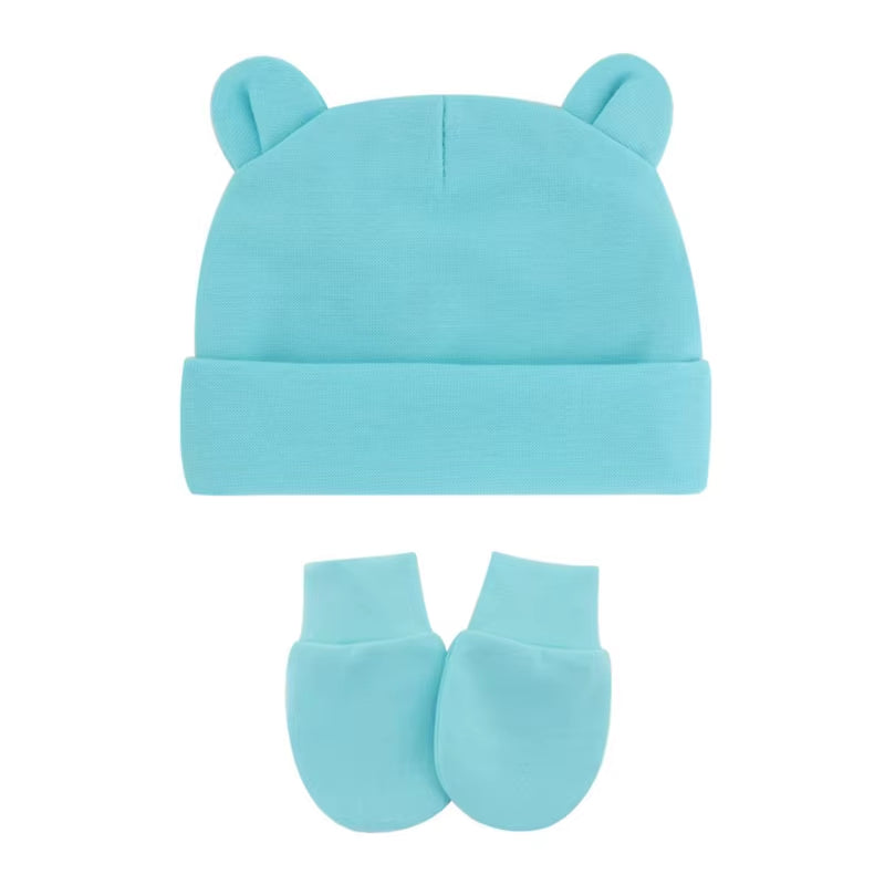 Newborn Baby Cotton Beanies Hospital Hat and Mittens Set Solid Candy Color Stretchy Infant Warm Cap Gloves 0-1 Years Old