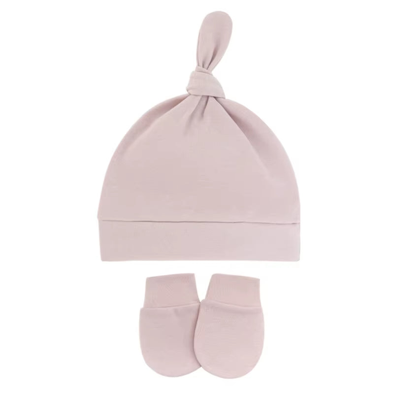 Newborn Baby Cotton Beanies Hospital Hat and Mittens Set Solid Candy Color Stretchy Infant Warm Cap Gloves 0-1 Years Old