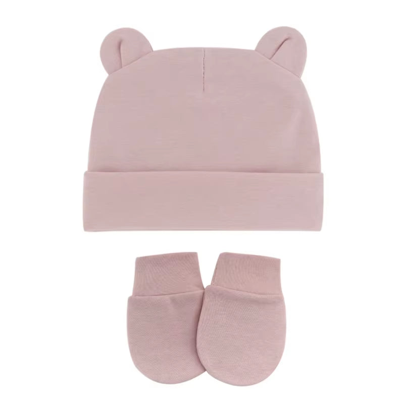 Newborn Baby Cotton Beanies Hospital Hat and Mittens Set Solid Candy Color Stretchy Infant Warm Cap Gloves 0-1 Years Old