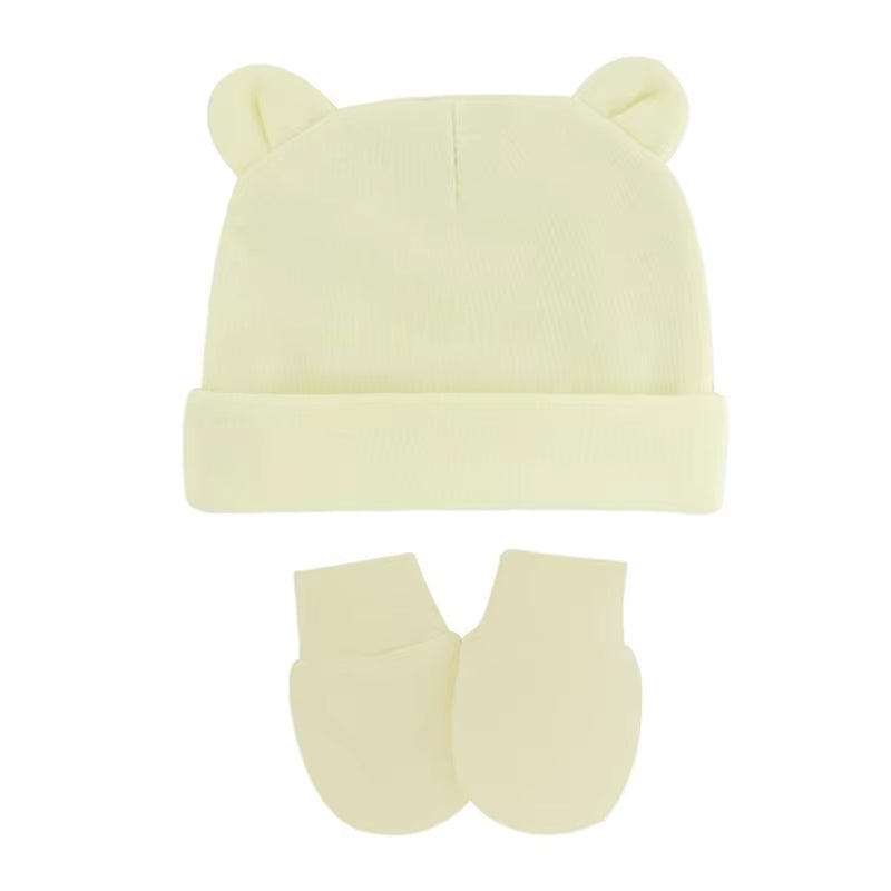 Newborn Baby Cotton Beanies Hospital Hat and Mittens Set Solid Candy Color Stretchy Infant Warm Cap Gloves 0-1 Years Old