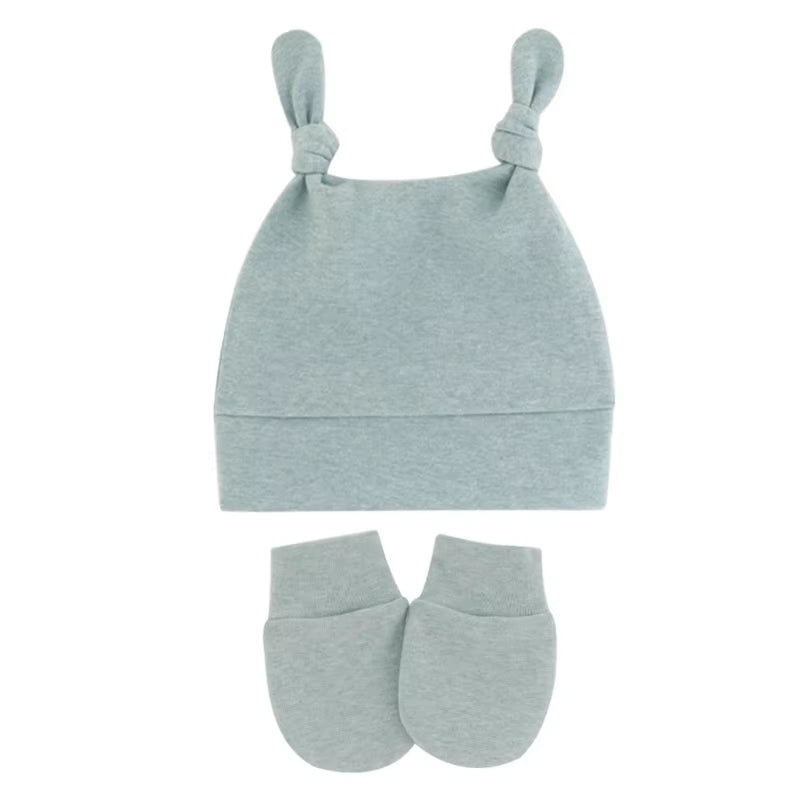 Newborn Baby Cotton Beanies Hospital Hat and Mittens Set Solid Candy Color Stretchy Infant Warm Cap Gloves 0-1 Years Old