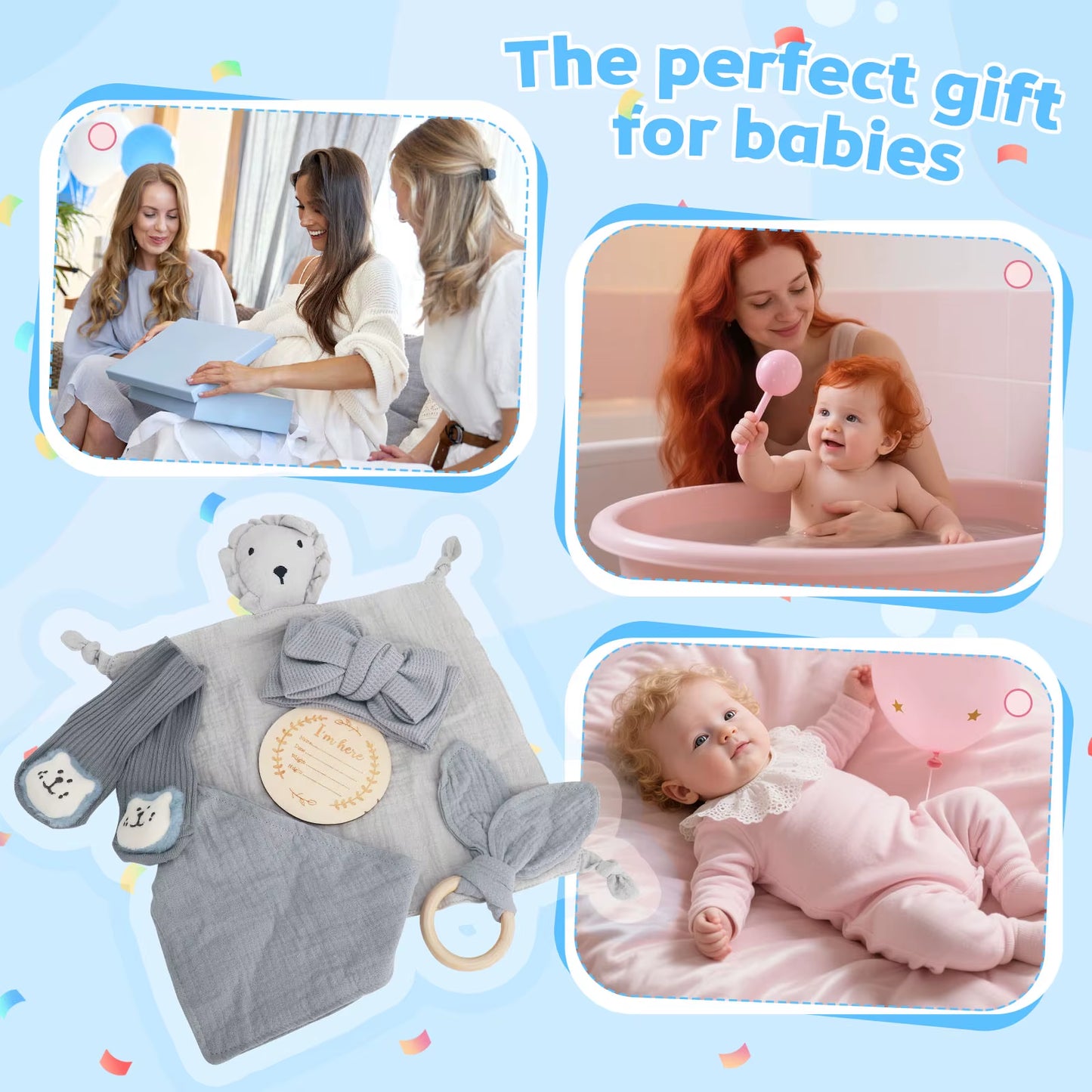 6-In-1 Set Muslin Cloth Cartoon Animal Baby Bath Towels Soft Newborn Hooded Towel Wooden Toy, Rattle, Gift Packaging