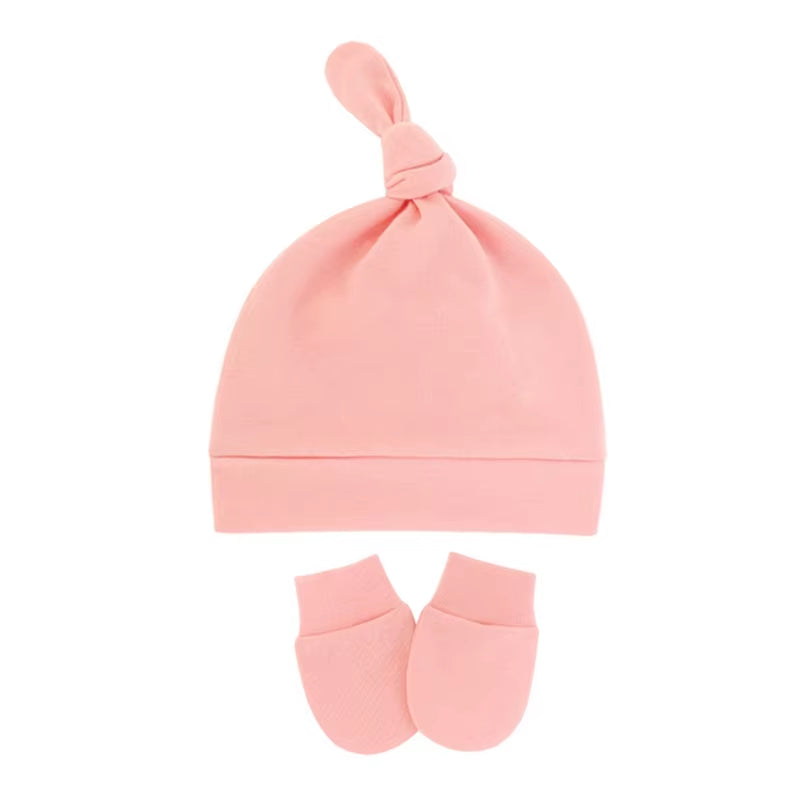 Newborn Baby Cotton Beanies Hospital Hat and Mittens Set Solid Candy Color Stretchy Infant Warm Cap Gloves 0-1 Years Old