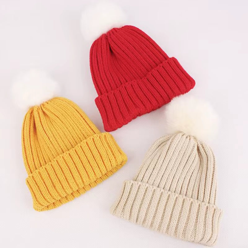 Autumn Winter Warm Baby Beanie Big Pompom Knitted Baby Boy Girl Hat Solid Color Newborn Infant Cute Hairball Cap Baby Bonnet