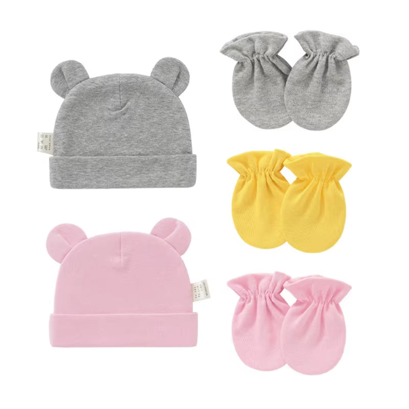 Newborn Baby Cotton Beanies Hospital Hat and Mittens Set Solid Candy Color Stretchy Infant Warm Cap Gloves 0-1 Years Old
