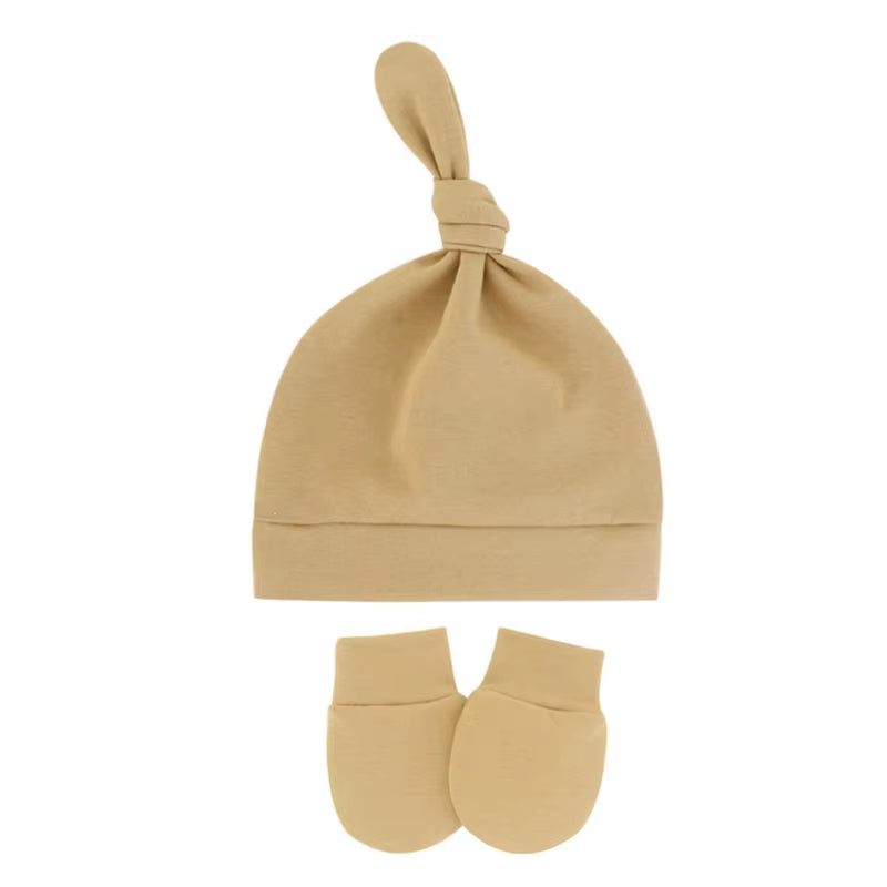 Newborn Baby Cotton Beanies Hospital Hat and Mittens Set Solid Candy Color Stretchy Infant Warm Cap Gloves 0-1 Years Old