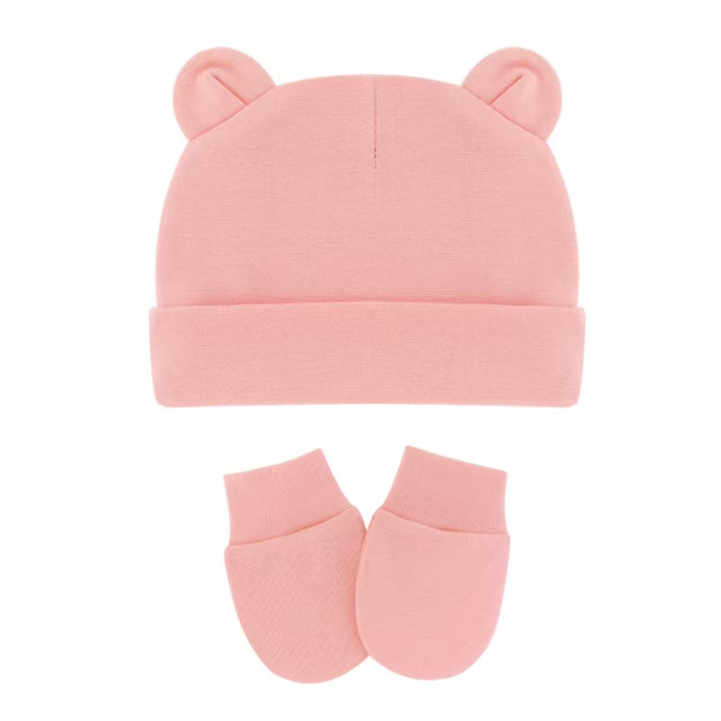 Newborn Baby Cotton Beanies Hospital Hat and Mittens Set Solid Candy Color Stretchy Infant Warm Cap Gloves 0-1 Years Old