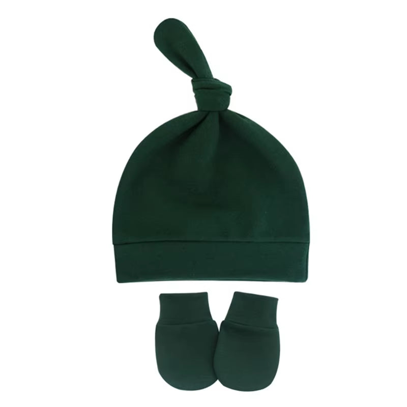 Newborn Baby Cotton Beanies Hospital Hat and Mittens Set Solid Candy Color Stretchy Infant Warm Cap Gloves 0-1 Years Old