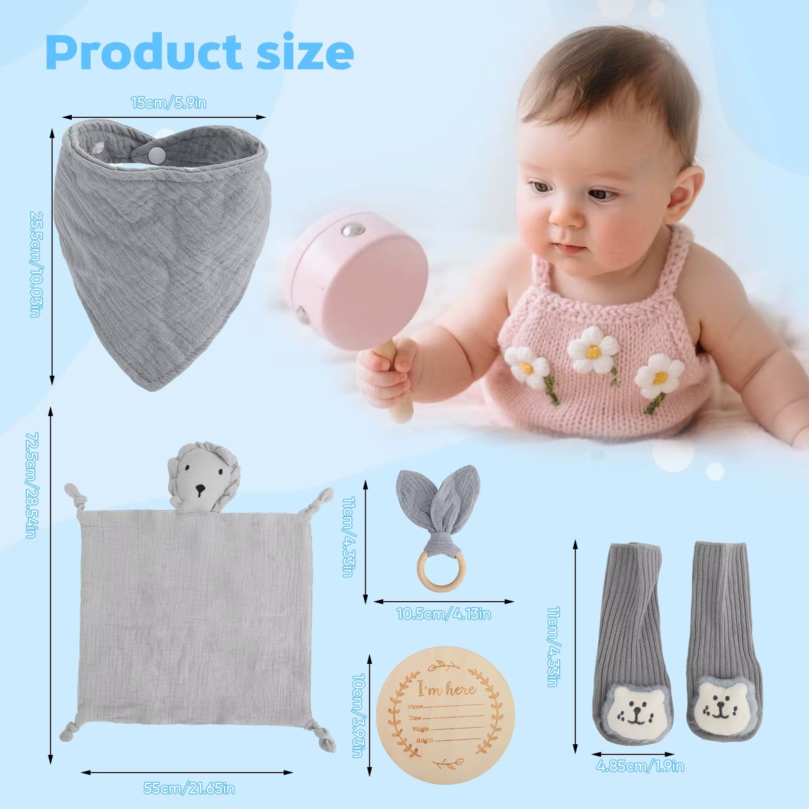 6-In-1 Set Muslin Cloth Cartoon Animal Baby Bath Towels Soft Newborn Hooded Towel Wooden Toy, Rattle, Gift Packaging