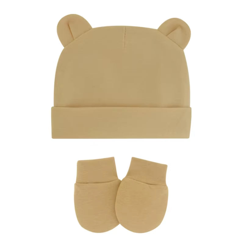 Newborn Baby Cotton Beanies Hospital Hat and Mittens Set Solid Candy Color Stretchy Infant Warm Cap Gloves 0-1 Years Old