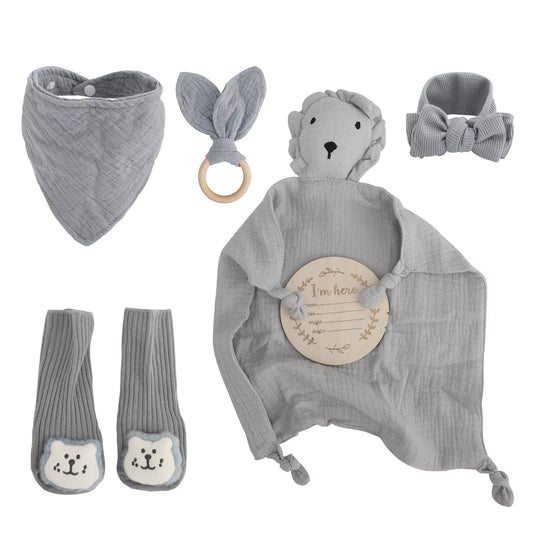 6-In-1 Set Muslin Cloth Cartoon Animal Baby Bath Towels Soft Newborn Hooded Towel Wooden Toy, Rattle, Gift Packaging