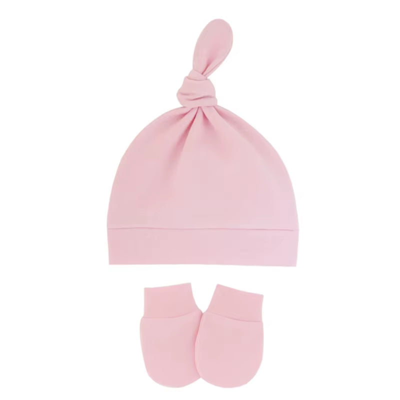 Newborn Baby Cotton Beanies Hospital Hat and Mittens Set Solid Candy Color Stretchy Infant Warm Cap Gloves 0-1 Years Old
