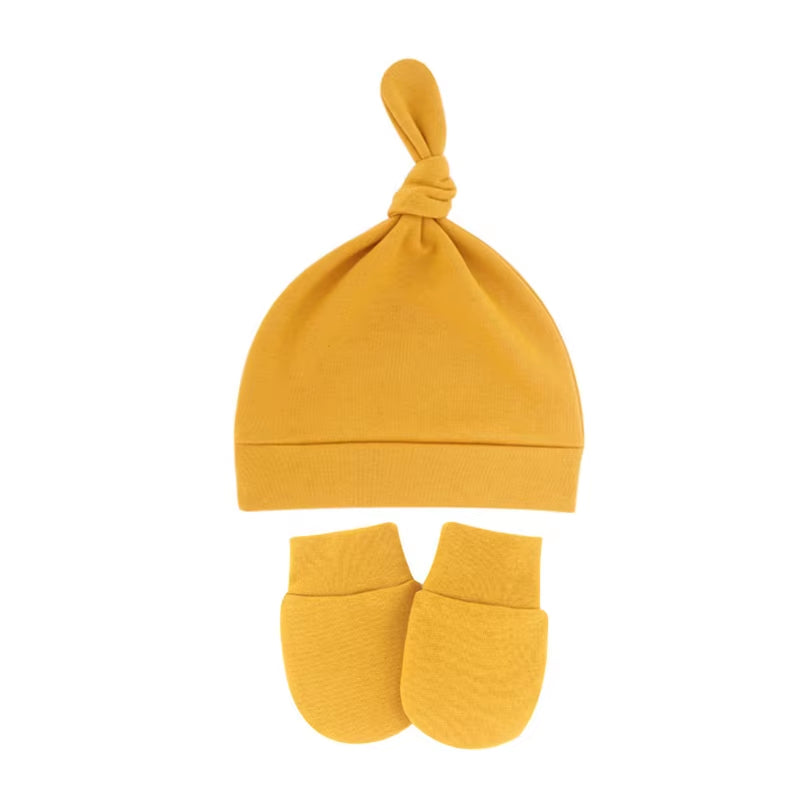 Newborn Baby Cotton Beanies Hospital Hat and Mittens Set Solid Candy Color Stretchy Infant Warm Cap Gloves 0-1 Years Old