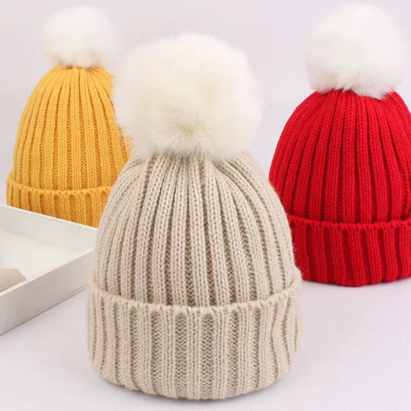 Autumn Winter Warm Baby Beanie Big Pompom Knitted Baby Boy Girl Hat Solid Color Newborn Infant Cute Hairball Cap Baby Bonnet