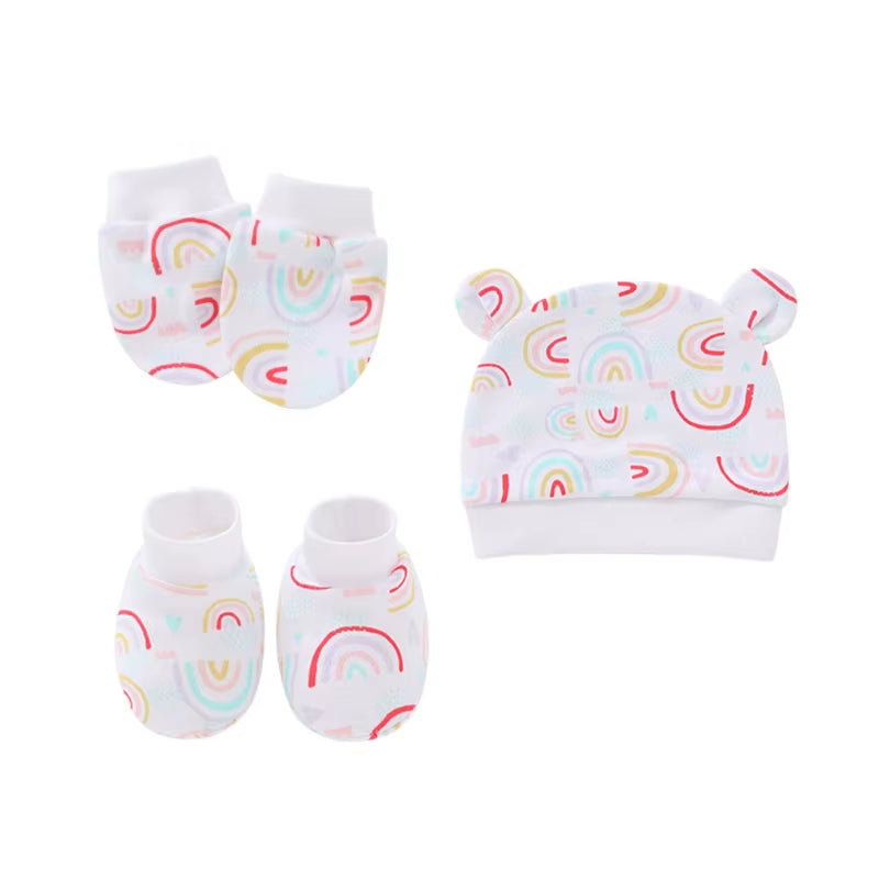 Newborn Baby Cotton Beanies Hospital Hat and Mittens Set Solid Candy Color Stretchy Infant Warm Cap Gloves 0-1 Years Old
