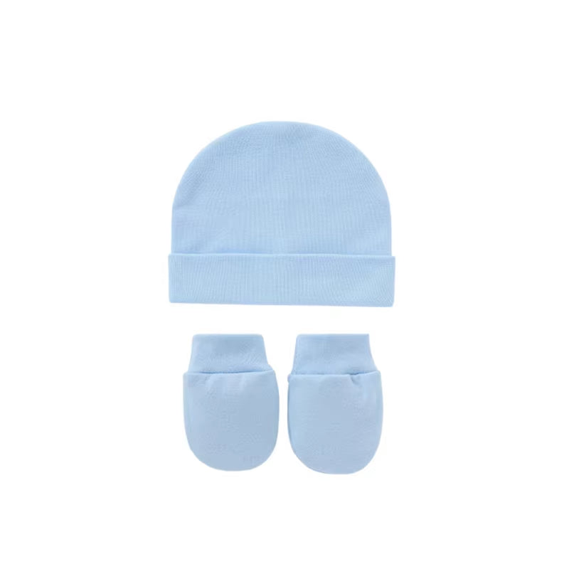 Newborn Baby Cotton Beanies Hospital Hat and Mittens Set Solid Candy Color Stretchy Infant Warm Cap Gloves 0-1 Years Old