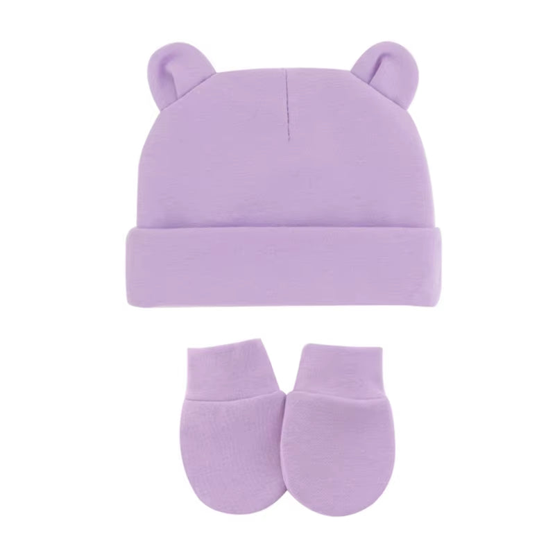 Newborn Baby Cotton Beanies Hospital Hat and Mittens Set Solid Candy Color Stretchy Infant Warm Cap Gloves 0-1 Years Old