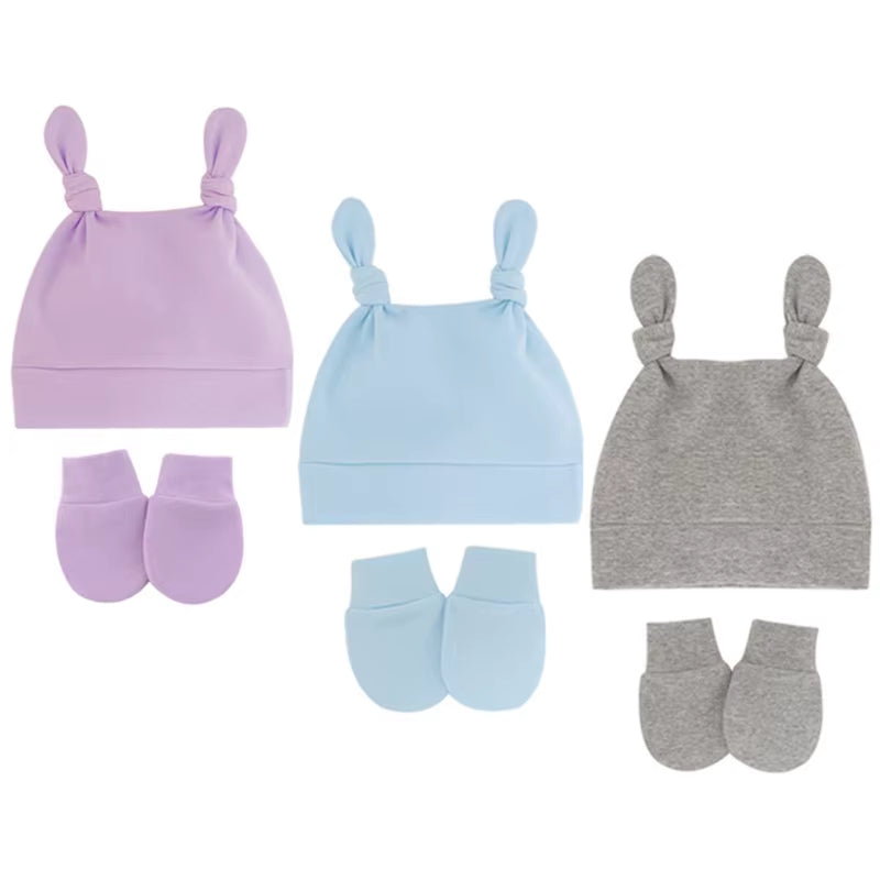 Newborn Baby Cotton Beanies Hospital Hat and Mittens Set Solid Candy Color Stretchy Infant Warm Cap Gloves 0-1 Years Old