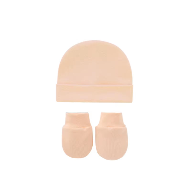 Newborn Baby Cotton Beanies Hospital Hat and Mittens Set Solid Candy Color Stretchy Infant Warm Cap Gloves 0-1 Years Old