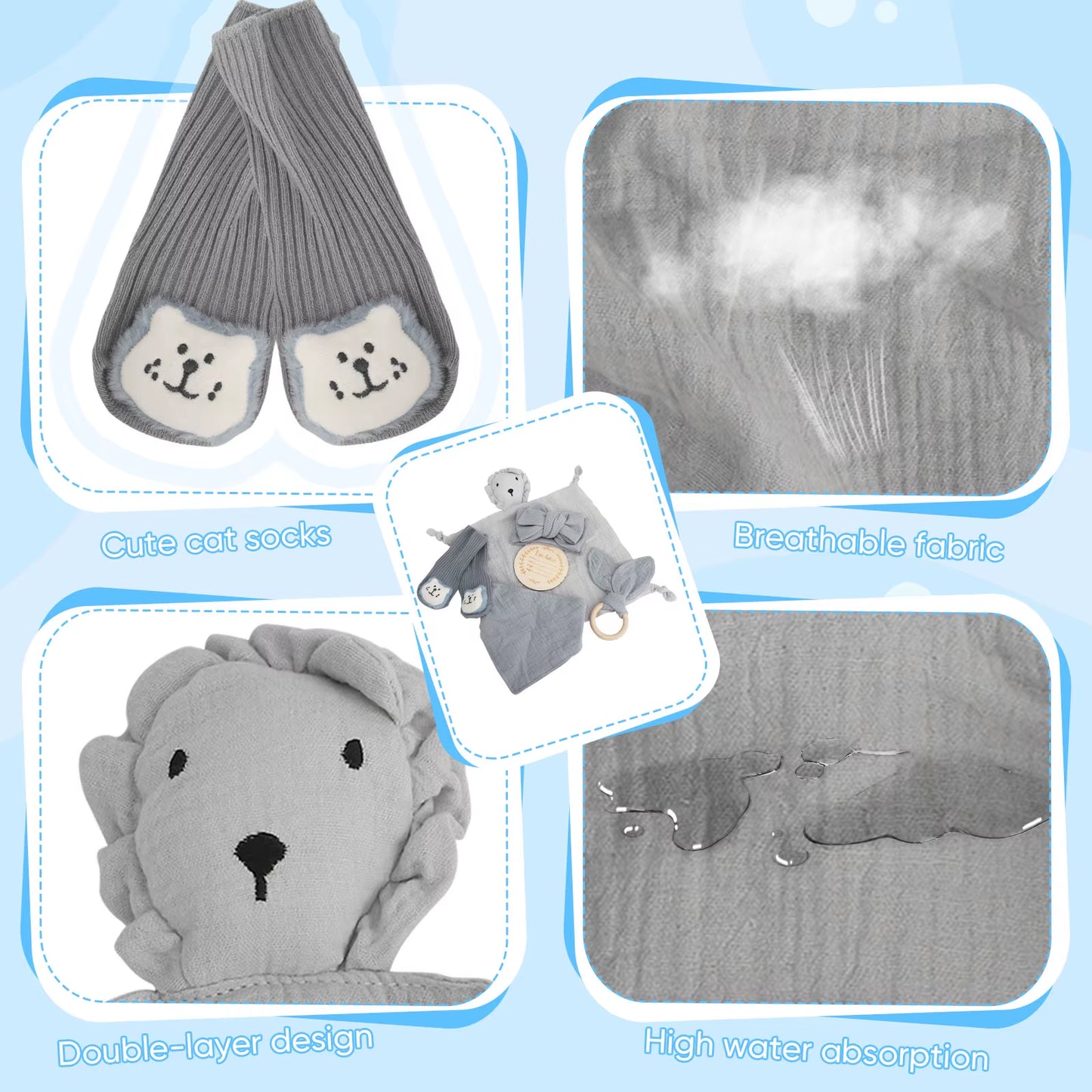 6-In-1 Set Muslin Cloth Cartoon Animal Baby Bath Towels Soft Newborn Hooded Towel Wooden Toy, Rattle, Gift Packaging