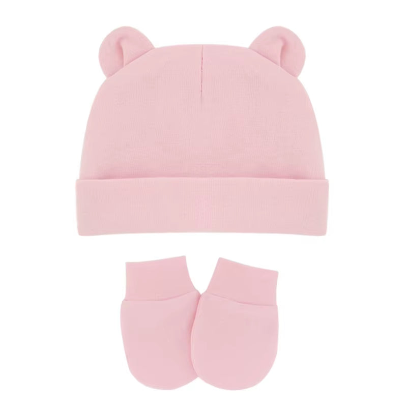 Newborn Baby Cotton Beanies Hospital Hat and Mittens Set Solid Candy Color Stretchy Infant Warm Cap Gloves 0-1 Years Old