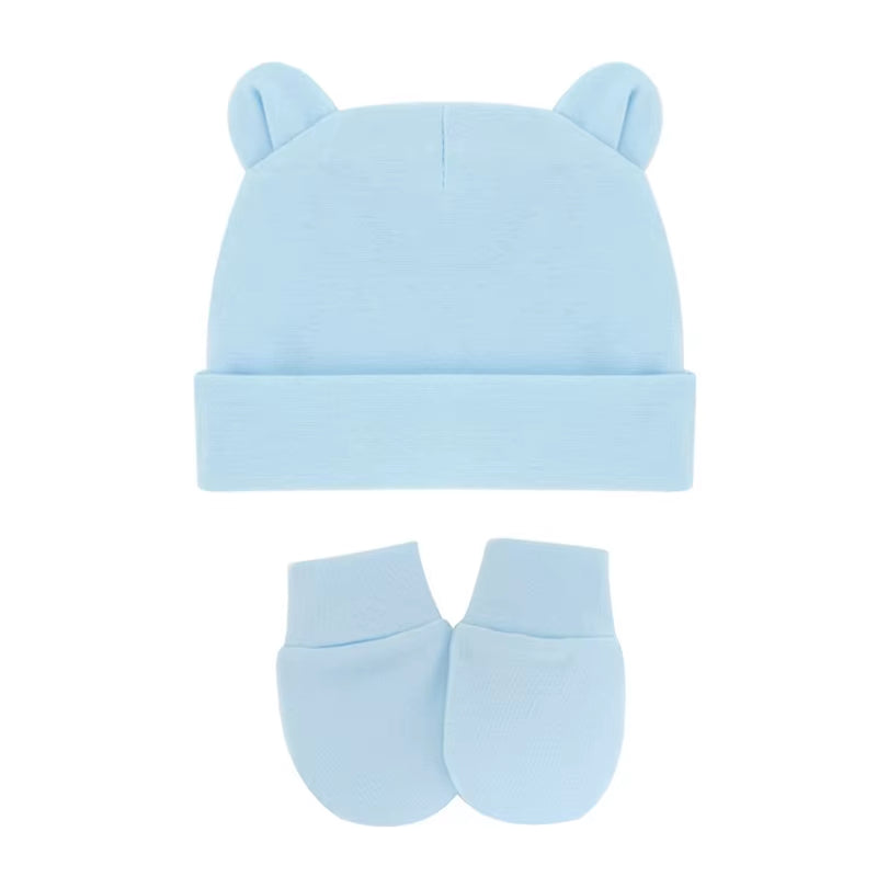 Newborn Baby Cotton Beanies Hospital Hat and Mittens Set Solid Candy Color Stretchy Infant Warm Cap Gloves 0-1 Years Old