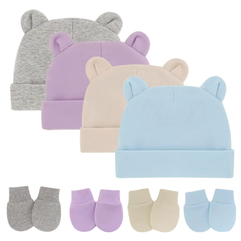 Newborn Baby Cotton Beanies Hospital Hat and Mittens Set Solid Candy Color Stretchy Infant Warm Cap Gloves 0-1 Years Old