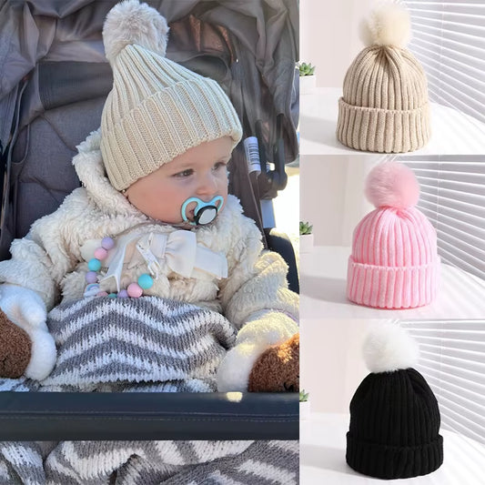 Autumn Winter Warm Baby Beanie Big Pompom Knitted Baby Boy Girl Hat Solid Color Newborn Infant Cute Hairball Cap Baby Bonnet